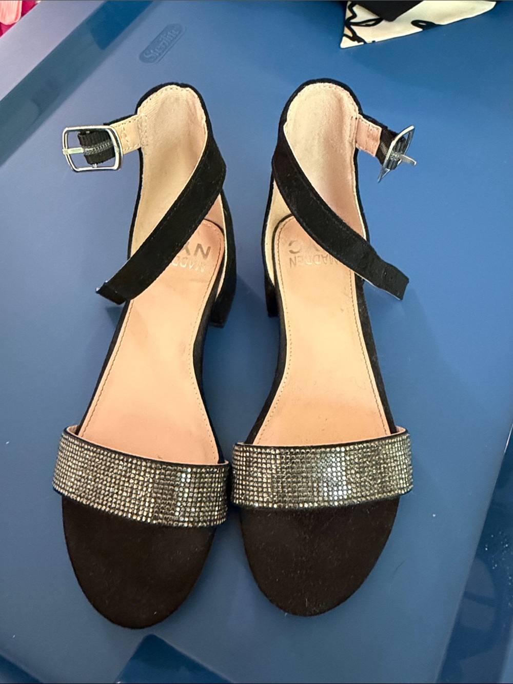 Girls Black Dress Sandals with Crystal Toe Strap